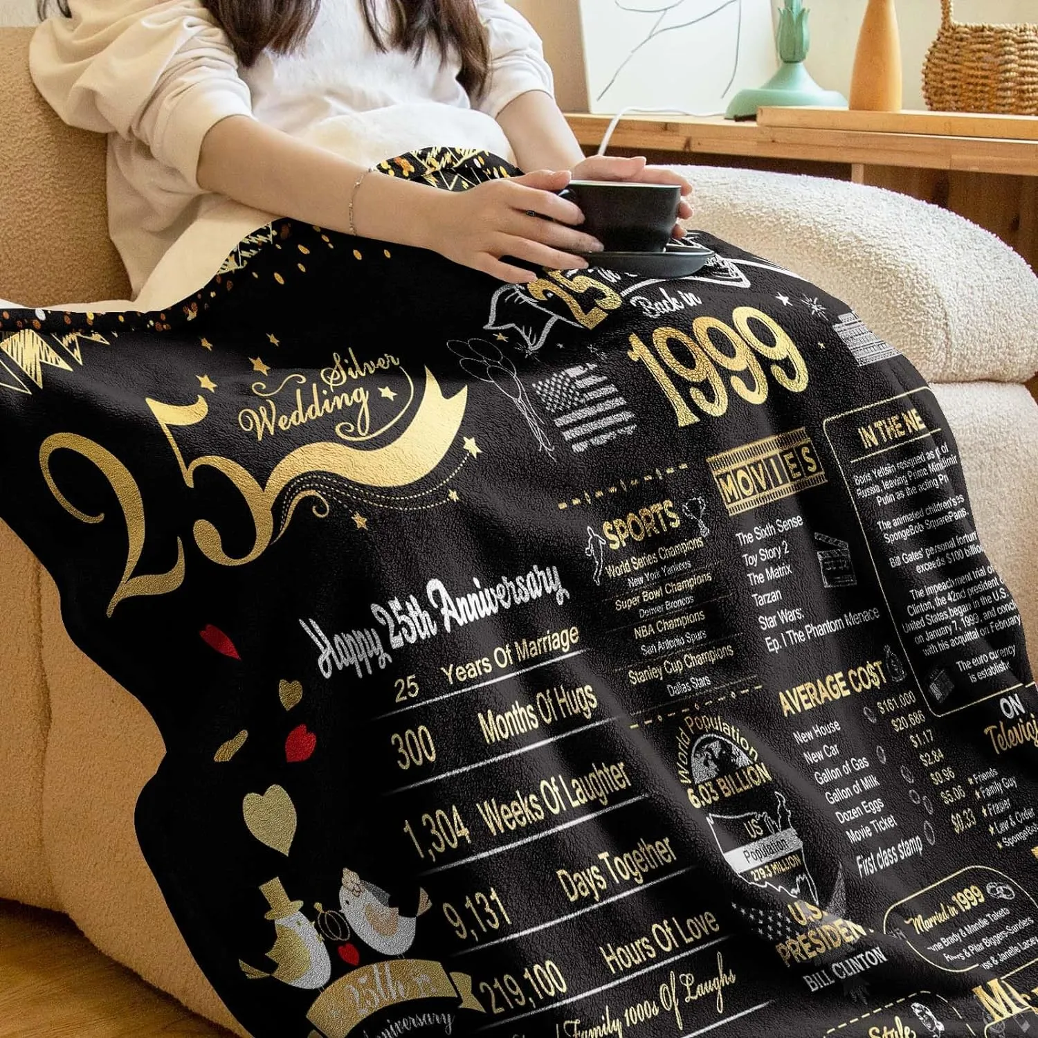 25th Silver Wedding Anniversary Blanket, Back In 1999 Anniversary Blanket Gift For Him Her, 25 Years Of Marriage Calculator Gift Idea For Husband Wife
