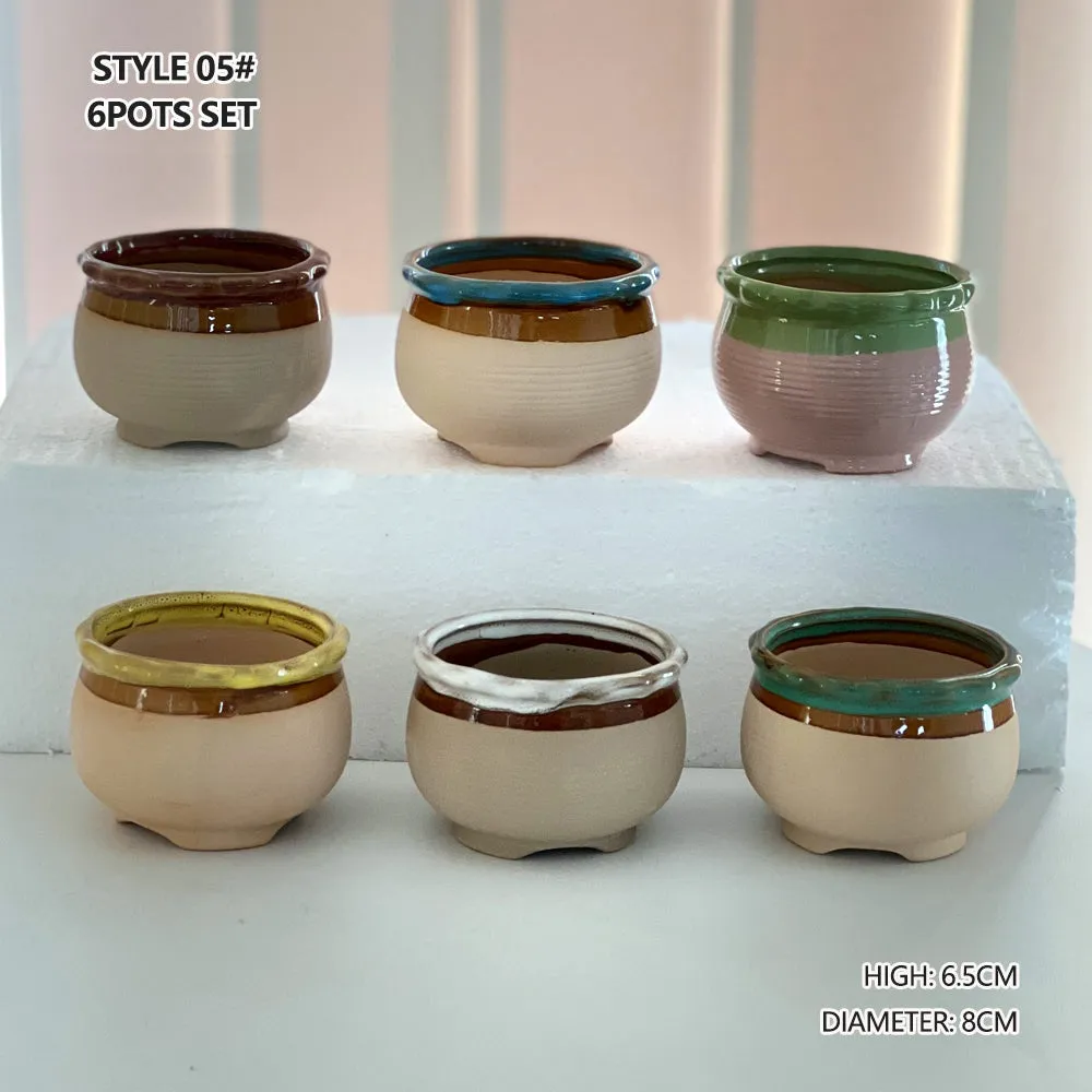 4/5/6 Pots Set Ceramic Clay Pottery Pots | Succulent Flower Planter, Draining Hole (Style 05# 6 Pots Set)