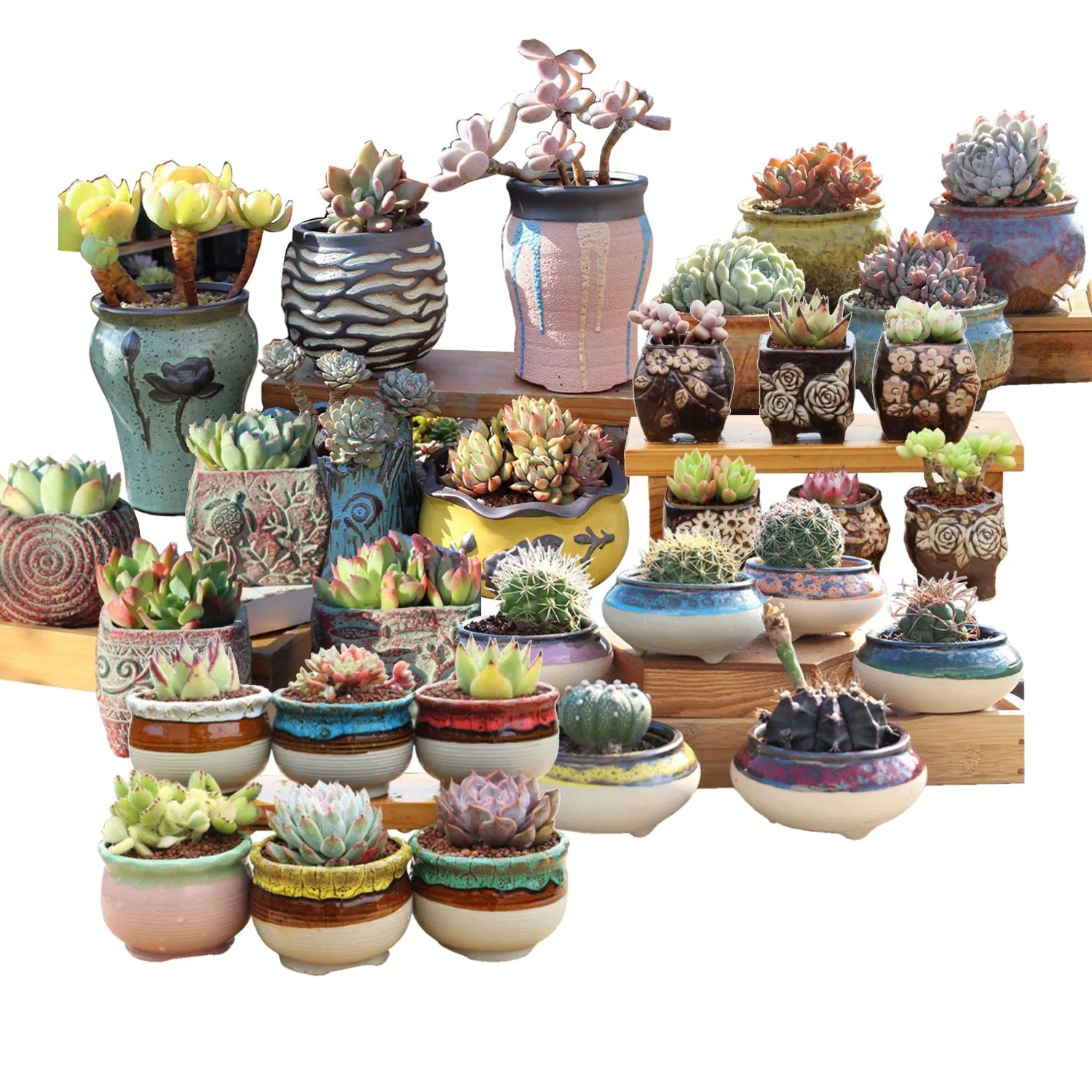 4/5/6 Pots Set Ceramic Clay Pottery Pots | Succulent Flower Planter, Draining Hole (Style 05# 6 Pots Set)