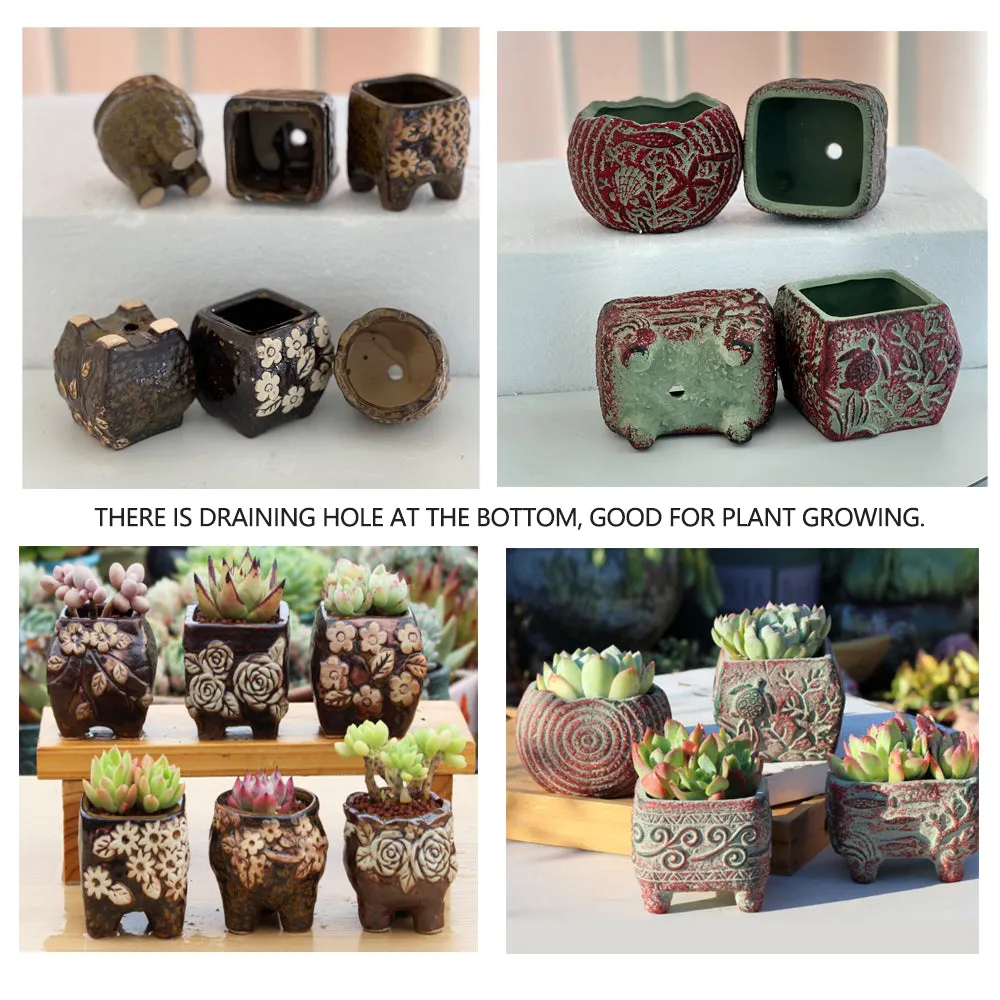 4/5/6 Pots Set Ceramic Clay Pottery Pots | Succulent Flower Planter, Draining Hole (Style 05# 6 Pots Set)
