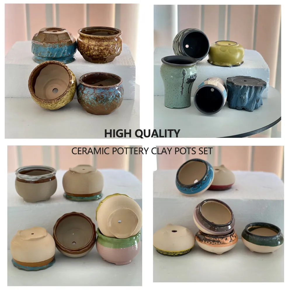 4/5/6 Pots Set Ceramic Clay Pottery Pots | Succulent Flower Planter, Draining Hole (Style 06# 6 Pots Set)