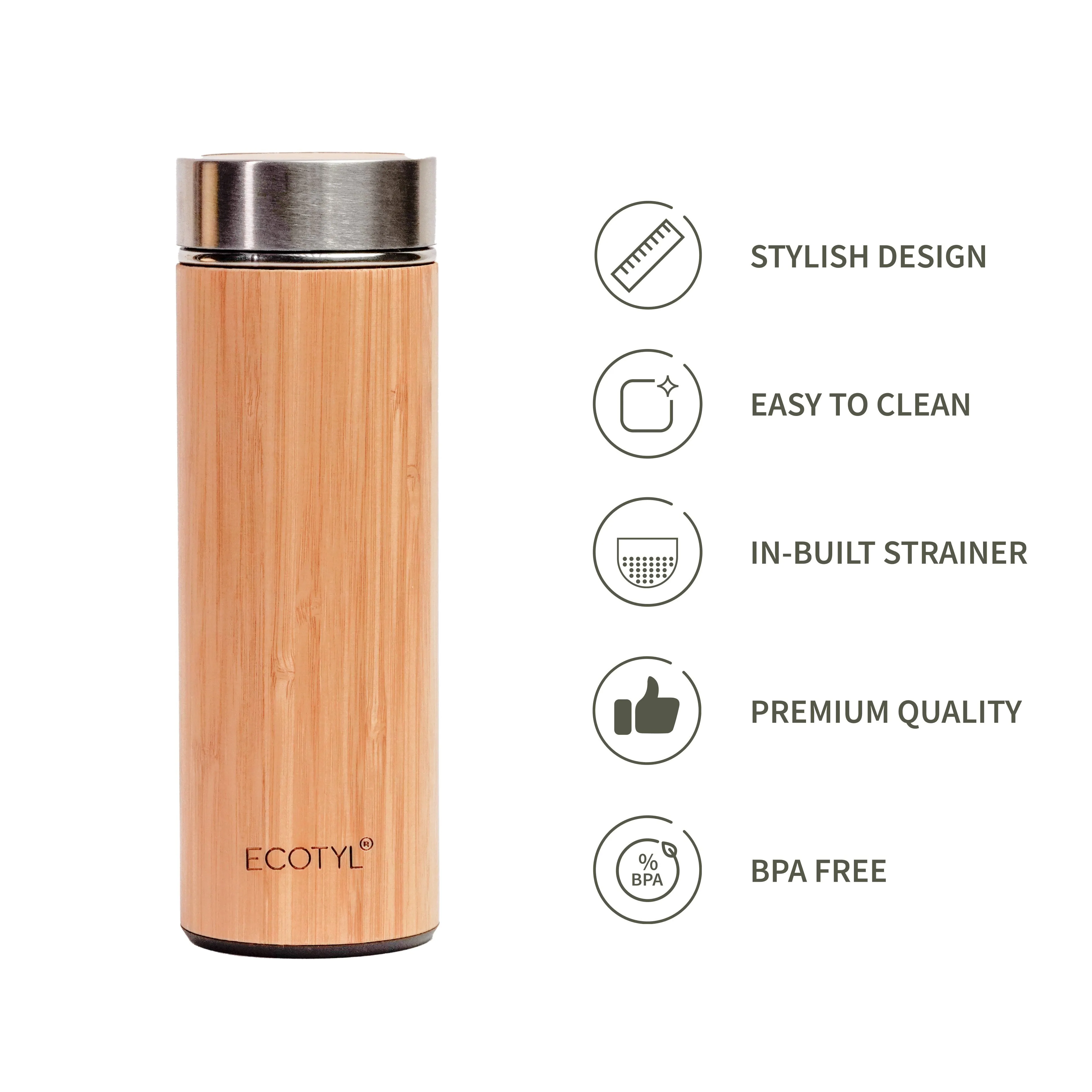 Bamboo Stainless Steel Insulated Flask With Strainer