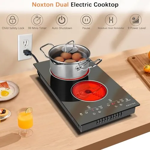 Noxton 110V Electric Cooktop 2 Burners, 12 Inch Electric Stove,Counter top Burner & Built-in Ceramic Stovetop, Sensor Touch Control Timer, Child Safety Lock, High Temperature Warning