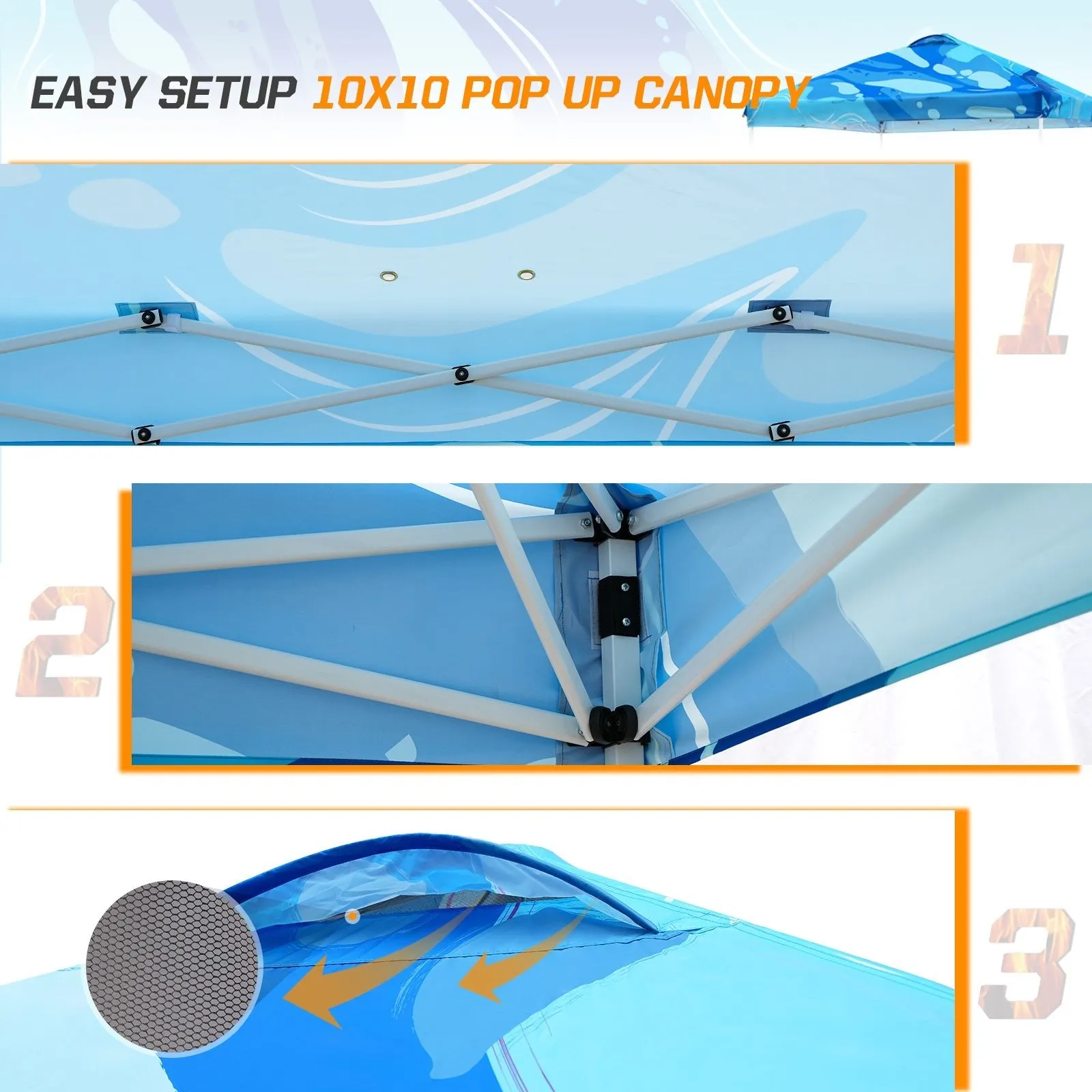 SHADE GRAPHiX Easy Setup 10x10 Pop Up Canopy Tent with Digital Printed Blue Abstract Top