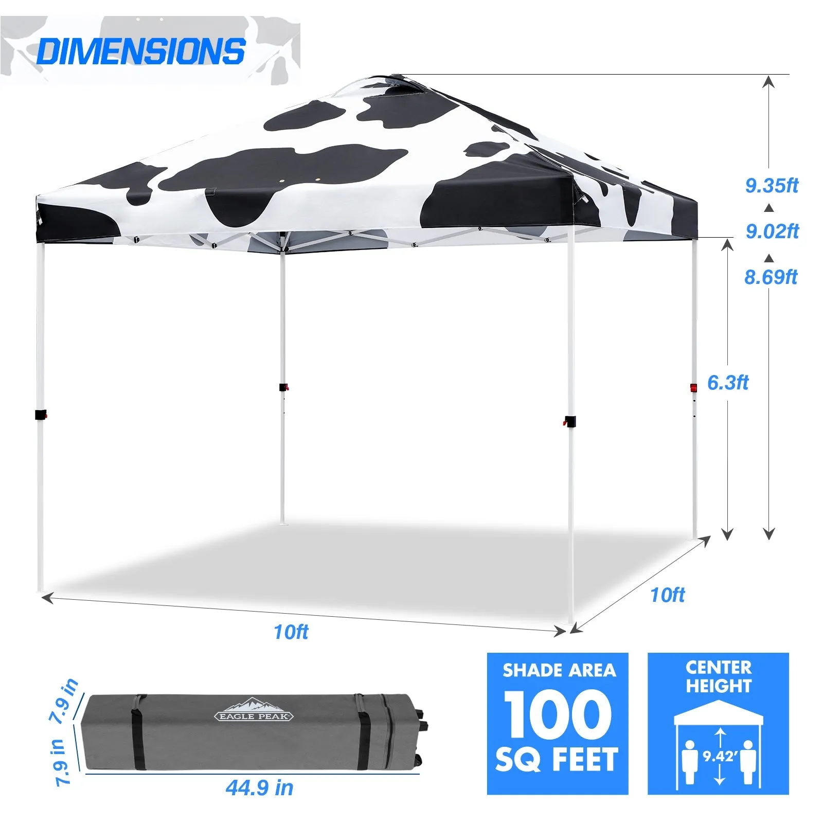 SHADE GRAPHiX Easy Setup 10x10 Pop Up Canopy Tent with Digital Printed Cow Print Top