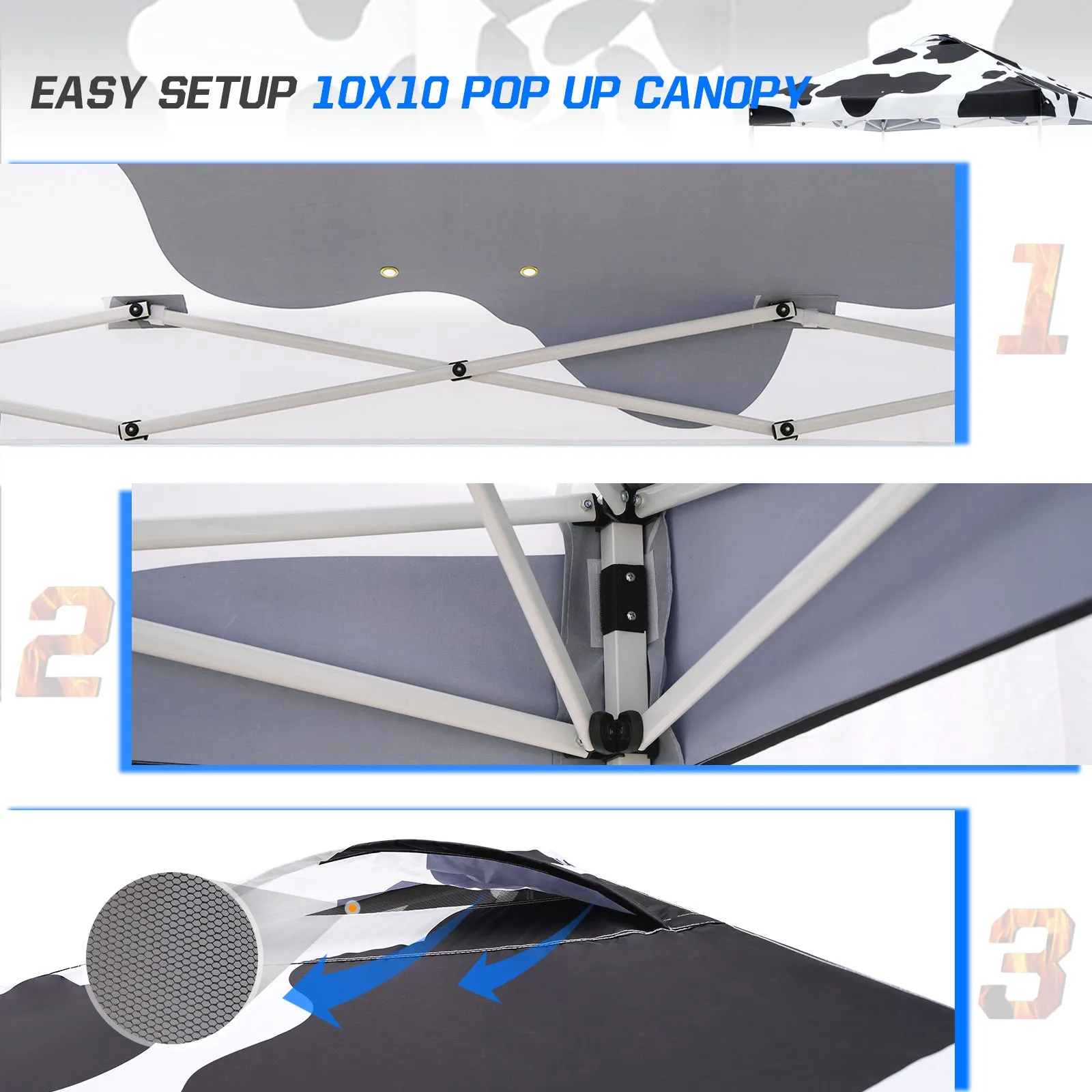 SHADE GRAPHiX Easy Setup 10x10 Pop Up Canopy Tent with Digital Printed Cow Print Top
